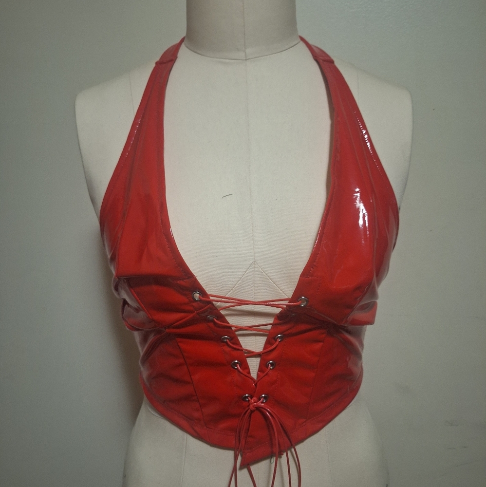 SHEIN Red Lace Up Patent Halter Tank Top